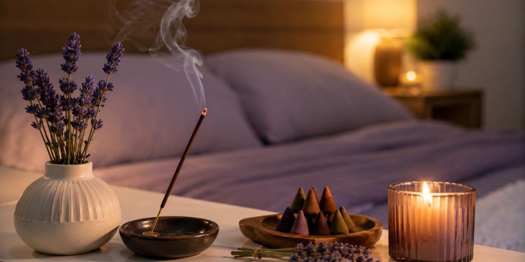 Incienso relajante en dormitorio con conos, lavanda y vela encendida