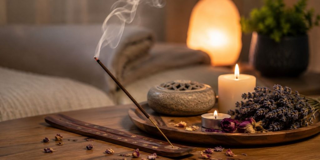 Varilla de incienso encendida con quemador, velas y lavanda para relajarse