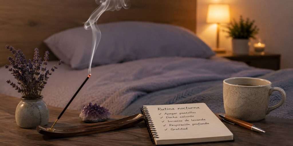 Rutina nocturna con incienso de lavanda para dormir y relajarse